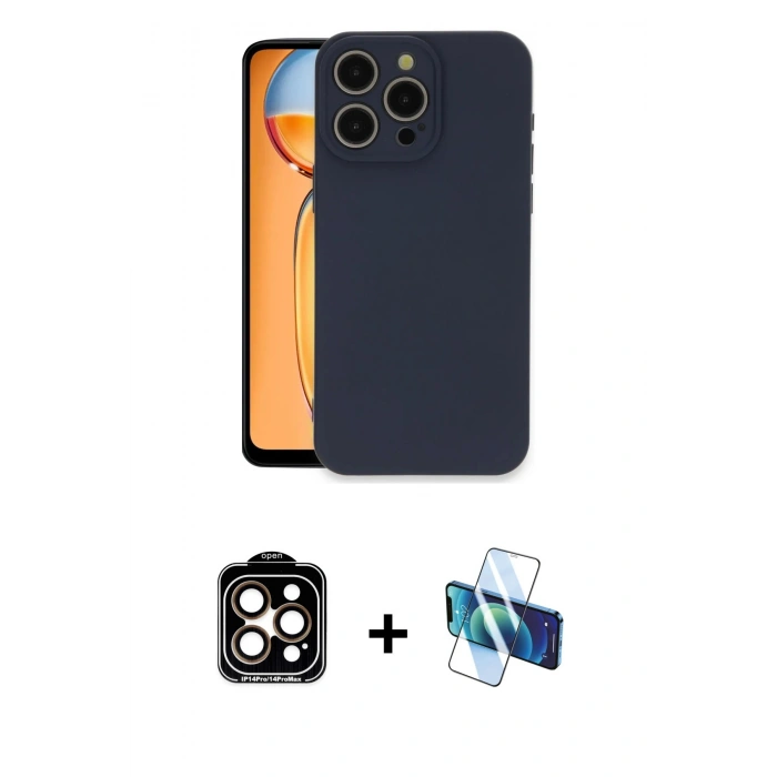 MARSİLYAN™- iPhone 15 Pro Max Kılıf Ahenk Serisi - Siyah 3D Antistatik Seramik Nano Ekran Koruyucu + PVD Metal Kamera Lens - TU