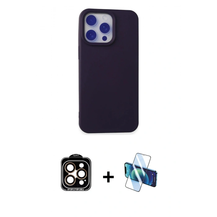 MARSİLYAN™- iPhone 15 Pro Max Kılıf Ahenk Serisi - Siyah 3D Antistatik Seramik Nano Ekran Koruyucu + PVD Metal Kamera Lens - TU