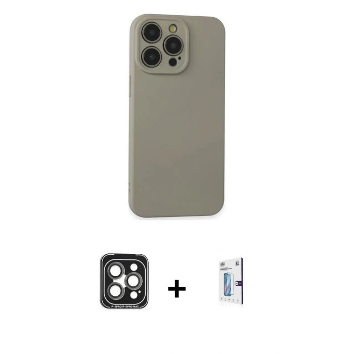 MARSİLYAN™- iPhone 15 Pro Max Kılıf Ahenk Serisi - Siyah Bilvis 0.18mm Plus Cam Ekran Koruyucu + Gri PVD Metal Kamera Lens