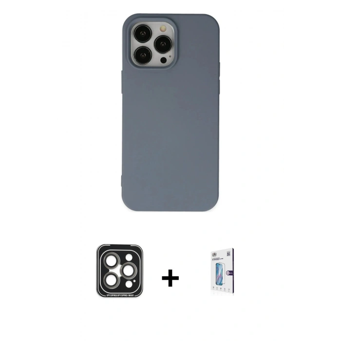 MARSİLYAN™- iPhone 15 Pro Max Kılıf Ahenk Serisi - Siyah Bilvis 0.18mm Plus Cam Ekran Koruyucu + Gri PVD Metal Kamera Lens
