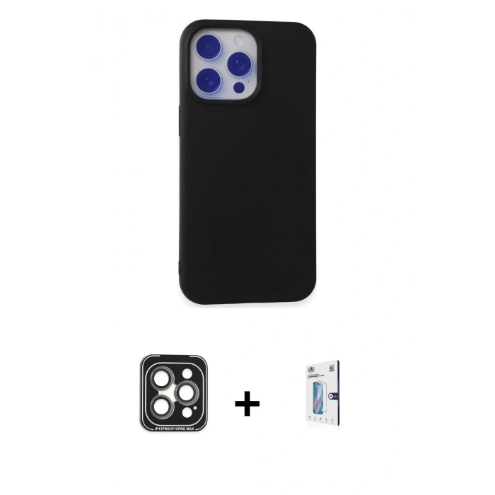 MARSİLYAN™- iPhone 15 Pro Max Kılıf Ahenk Serisi - Siyah Bilvis 0.18mm Plus Cam Ekran Koruyucu + Gri PVD Metal Kamera Lens