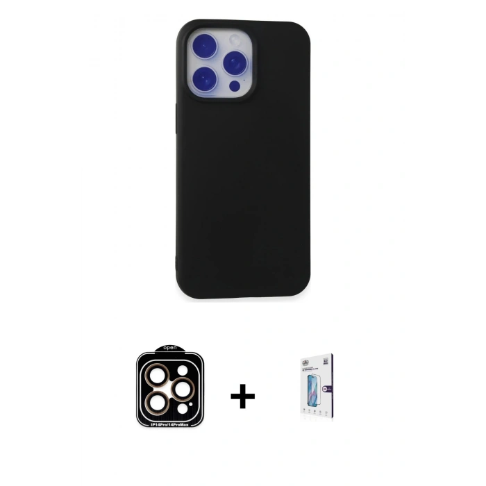 MARSİLYAN™- iPhone 15 Pro Max Kılıf Ahenk Serisi - Siyah Bilvis 0.18mm Plus Cam Ekran Koruyucu + PVD Metal Kamera Lens - TU