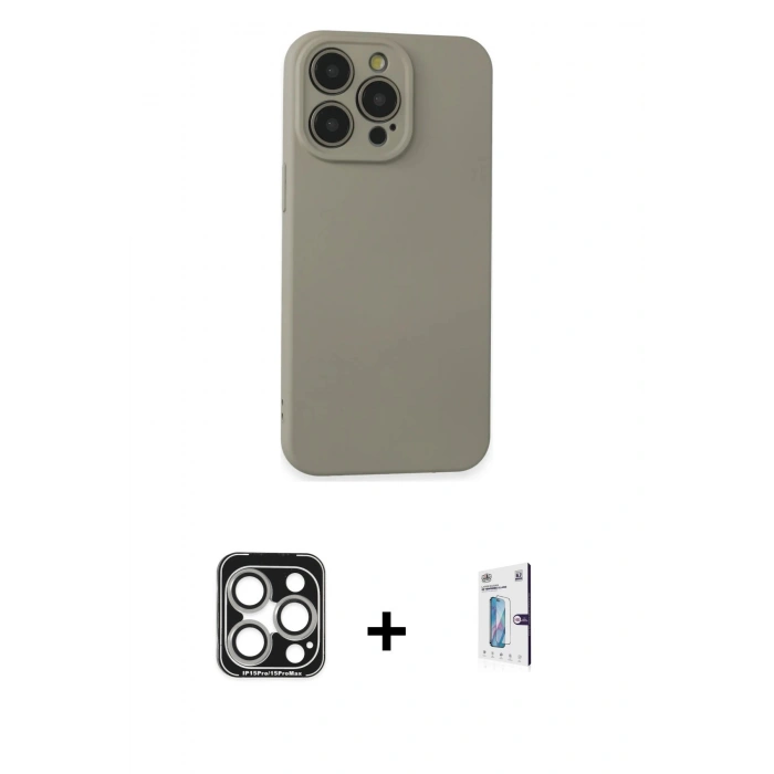 MARSİLYAN™- iPhone 15 Pro Max Kılıf Ahenk Serisi - Siyah Bilvis 0.18mm Plus Cam Ekran Koruyucu + PVD Metal Kamera Lens - GS