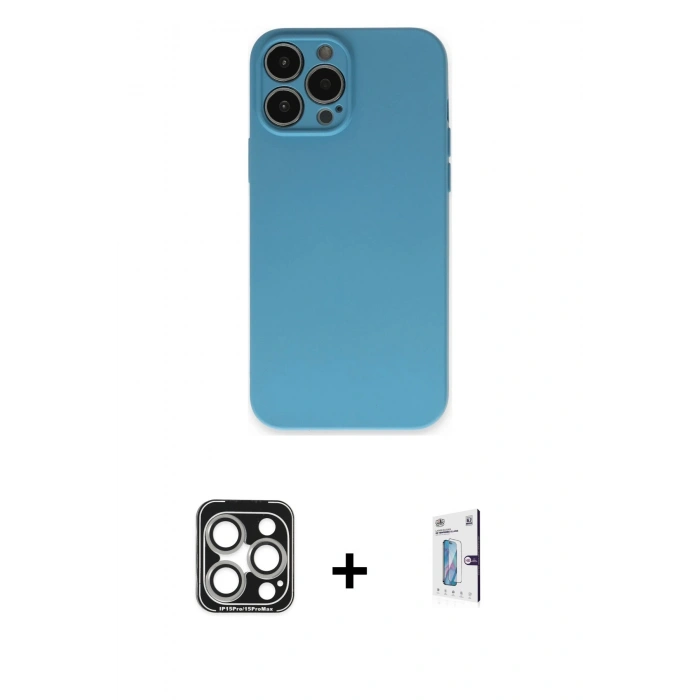 MARSİLYAN™- iPhone 15 Pro Max Kılıf Ahenk Serisi - Siyah Bilvis 0.18mm Plus Cam Ekran Koruyucu + PVD Metal Kamera Lens - GS
