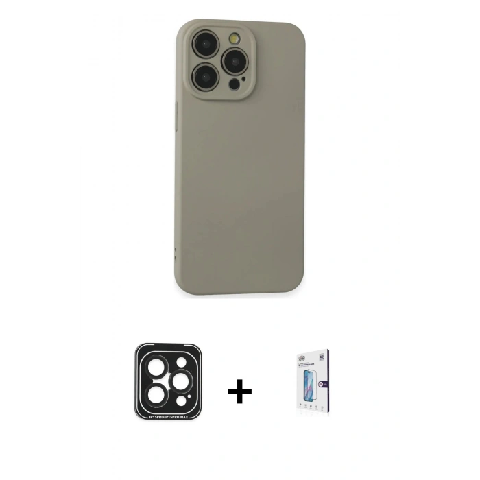 MARSİLYAN™- iPhone 15 Pro Max Kılıf Ahenk Serisi - Siyah Bilvis 0.18mm Plus Cam Ekran Koruyucu + PVD Metal Kamera Lens - SH