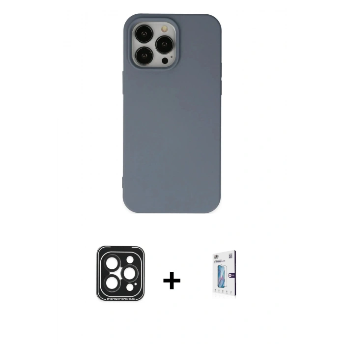 MARSİLYAN™- iPhone 15 Pro Max Kılıf Ahenk Serisi - Siyah Bilvis 0.18mm Plus Cam Ekran Koruyucu + PVD Metal Kamera Lens - SH