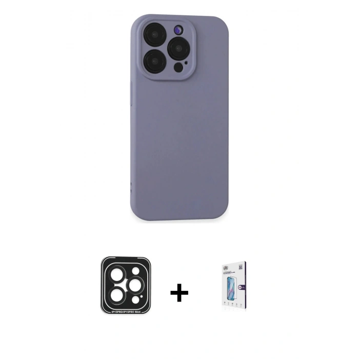MARSİLYAN™- iPhone 15 Pro Max Kılıf Ahenk Serisi - Siyah Bilvis 0.18mm Plus Cam Ekran Koruyucu + PVD Metal Kamera Lens - SH