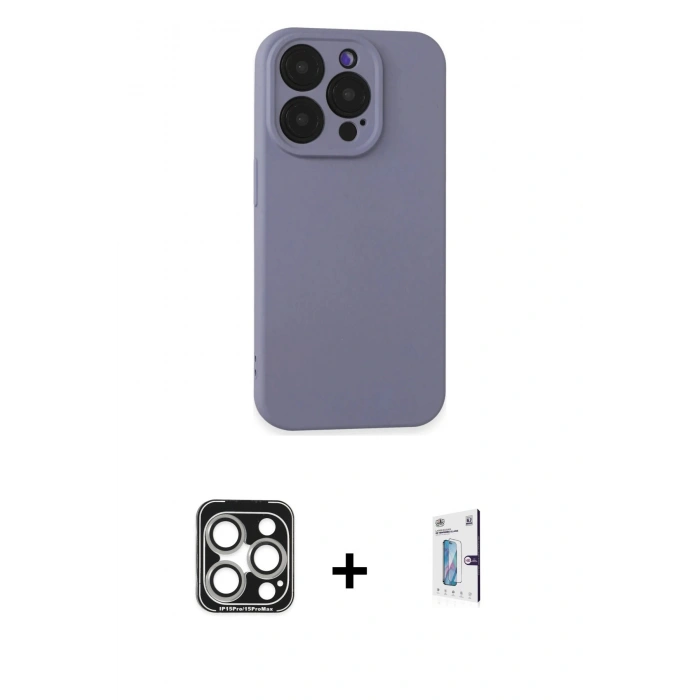MARSİLYAN™- iPhone 15 Pro Max Kılıf Ahenk Serisi - Siyah Bilvis 0.18mm Plus Cam Ekran Koruyucu + PVD Metal Kamera Lens - GS