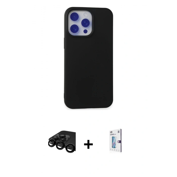 MARSİLYAN™- iPhone 15 Pro Max Kılıf Ahenk Serisi - Siyah Bilvis 0.18mm Plus Cam Ekran Koruyucu + Raze Metal Kamera Lens - SH