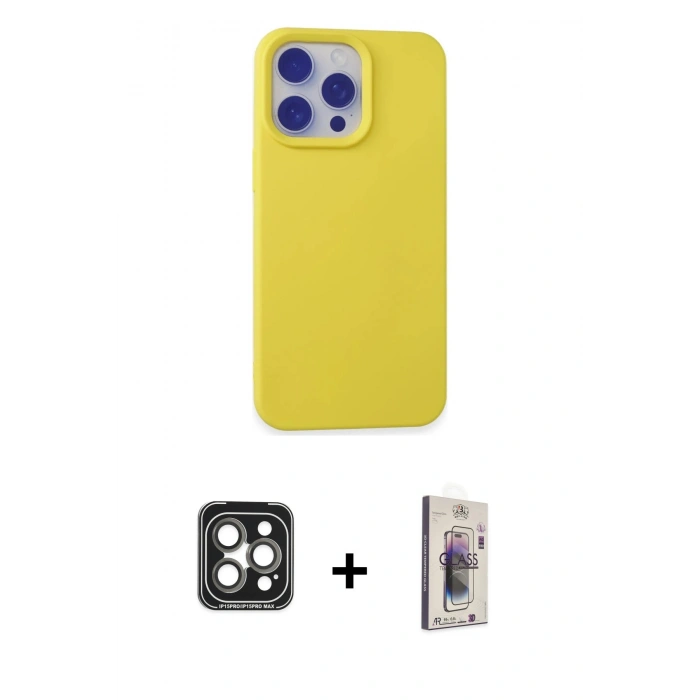 MARSİLYAN™- iPhone 15 Pro Max Kılıf Ahenk Serisi - Siyah Bilvis 3D Cam Ekran Koruyucu + PVD Metal Kamera Lens - GI