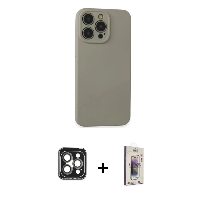 MARSİLYAN™- iPhone 15 Pro Max Kılıf Ahenk Serisi - Siyah Bilvis 3D Cam Ekran Koruyucu + PVD Metal Kamera Lens - GI
