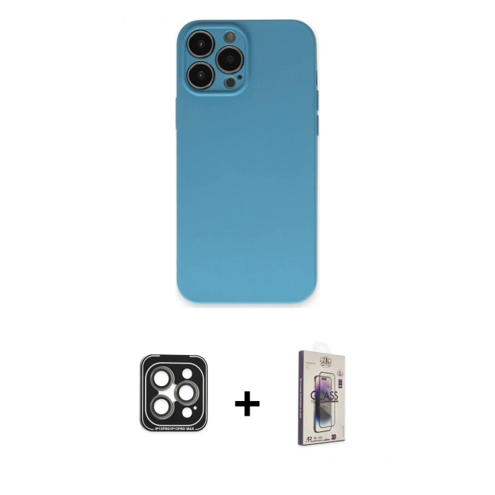 MARSİLYAN™- iPhone 15 Pro Max Kılıf Ahenk Serisi - Siyah Bilvis 3D Cam Ekran Koruyucu + PVD Metal Kamera Lens - GI