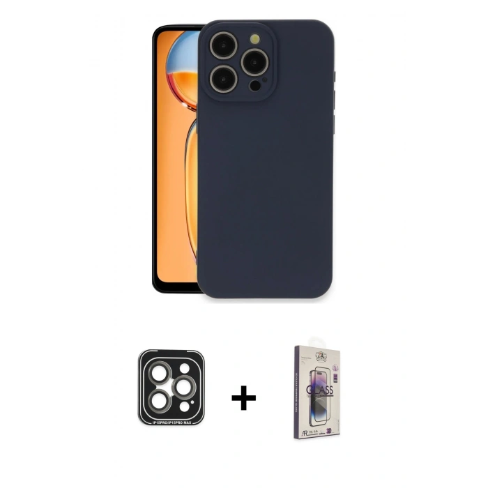 MARSİLYAN™- iPhone 15 Pro Max Kılıf Ahenk Serisi - Siyah Bilvis 3D Cam Ekran Koruyucu + PVD Metal Kamera Lens - GI