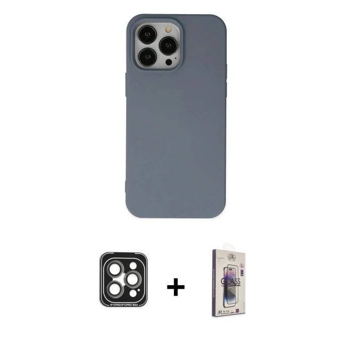 MARSİLYAN™- iPhone 15 Pro Max Kılıf Ahenk Serisi - Siyah Bilvis 3D Cam Ekran Koruyucu + PVD Metal Kamera Lens - GI