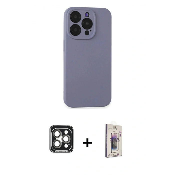 MARSİLYAN™- iPhone 15 Pro Max Kılıf Ahenk Serisi - Siyah Bilvis 3D Cam Ekran Koruyucu + PVD Metal Kamera Lens - GI