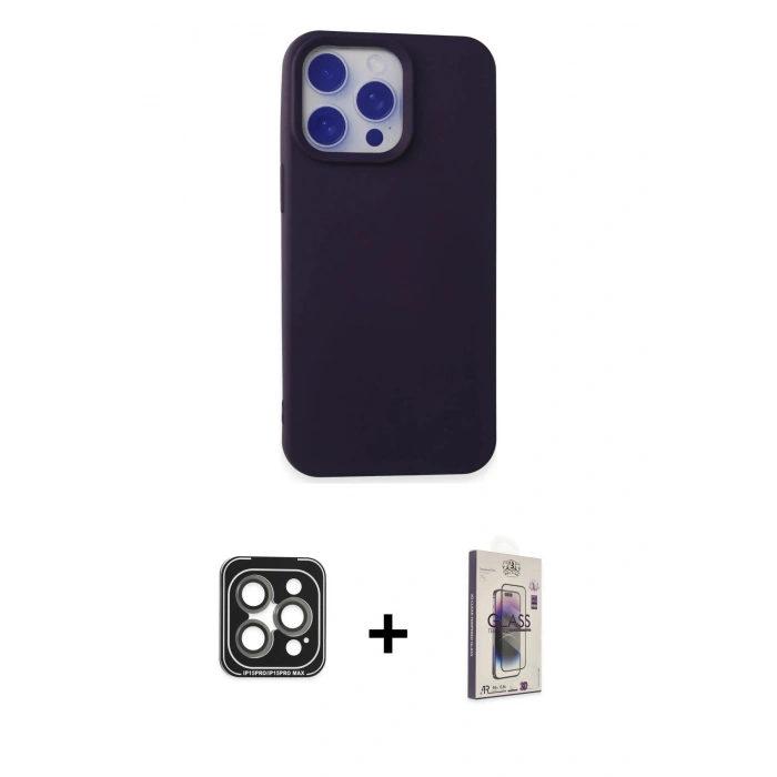 MARSİLYAN™- iPhone 15 Pro Max Kılıf Ahenk Serisi - Siyah Bilvis 3D Cam Ekran Koruyucu + PVD Metal Kamera Lens - GI
