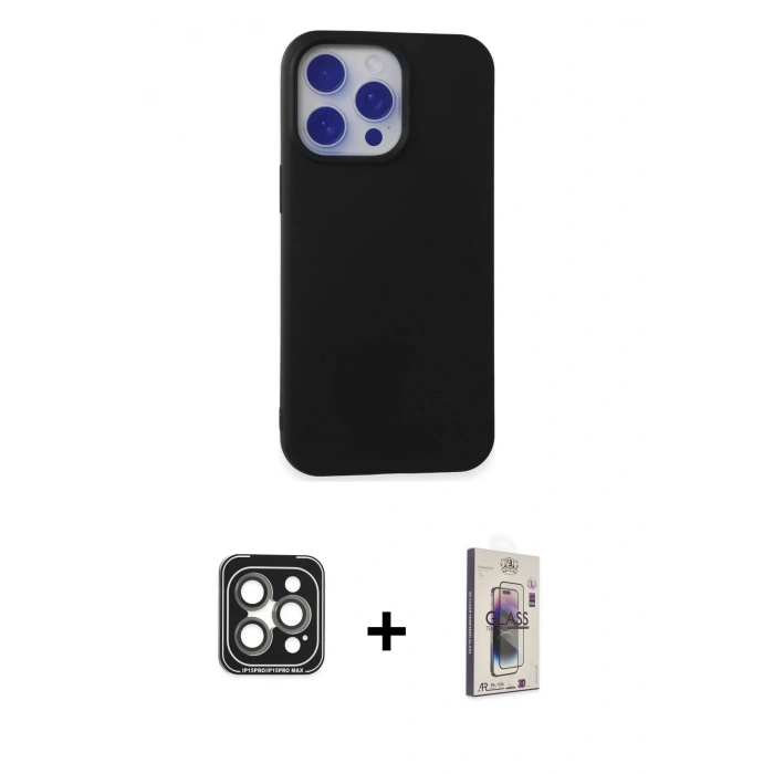 MARSİLYAN™- iPhone 15 Pro Max Kılıf Ahenk Serisi - Siyah Bilvis 3D Cam Ekran Koruyucu + PVD Metal Kamera Lens - GI
