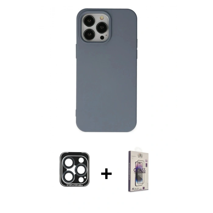 MARSİLYAN™- iPhone 15 Pro Max Kılıf Ahenk Serisi - Siyah Bilvis 3D Cam Ekran Koruyucu + PVD Metal Kamera Lens - LT