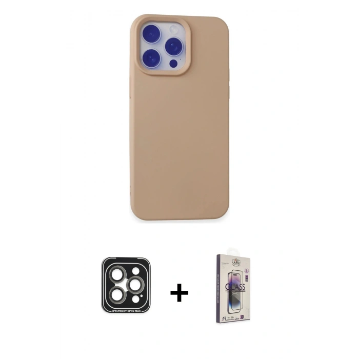 MARSİLYAN™- iPhone 15 Pro Max Kılıf Ahenk Serisi - Siyah Bilvis 3D Cam Ekran Koruyucu + PVD Metal Kamera Lens - GI