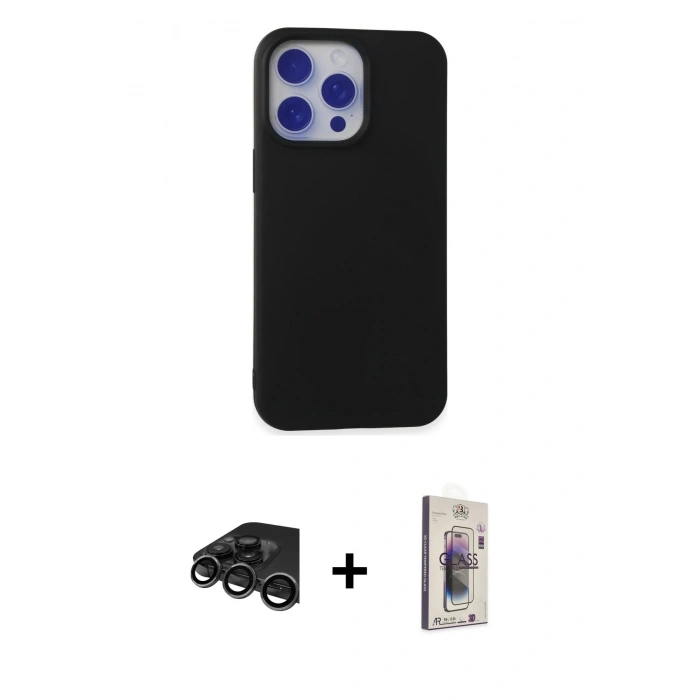 MARSİLYAN™- iPhone 15 Pro Max Kılıf Ahenk Serisi - Siyah Bilvis 3D Cam Ekran Koruyucu + Raze Metal Kamera Lens - TMGI