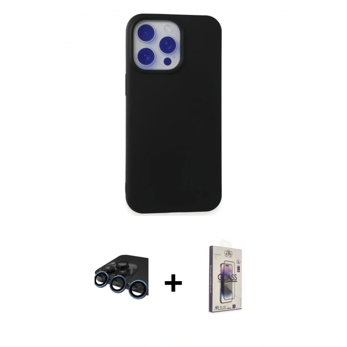 MARSİLYAN™- iPhone 15 Pro Max Kılıf Ahenk Serisi - Siyah Bilvis 3D Cam Ekran Koruyucu + Raze Metal Kamera Lens - LT