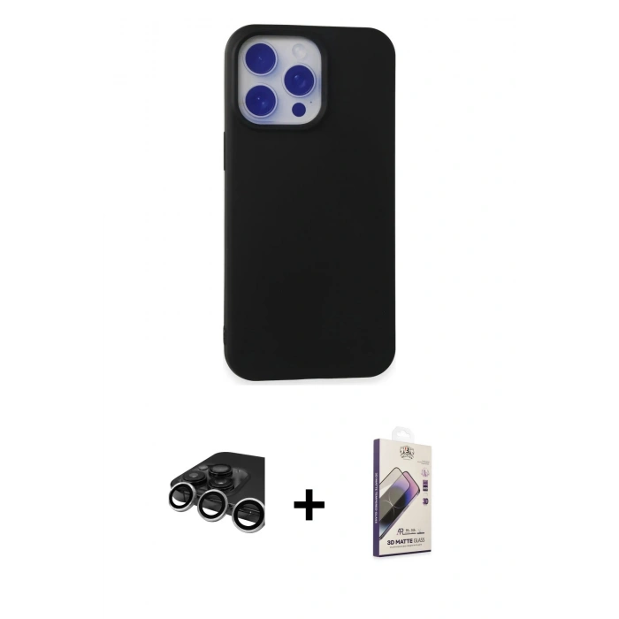 MARSİLYAN™- iPhone 15 Pro Max Kılıf Ahenk Serisi - Siyah Bilvis 3D Mat Cam Ekran Koruyucu + Raze Metal Kamera Lens - GS