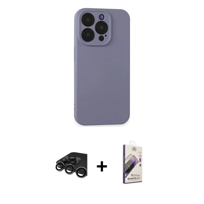 MARSİLYAN™- iPhone 15 Pro Max Kılıf Ahenk Serisi - Siyah Bilvis 3D Mat Cam Ekran Koruyucu + Titanyum Gri Raze Metal Kamera Lens