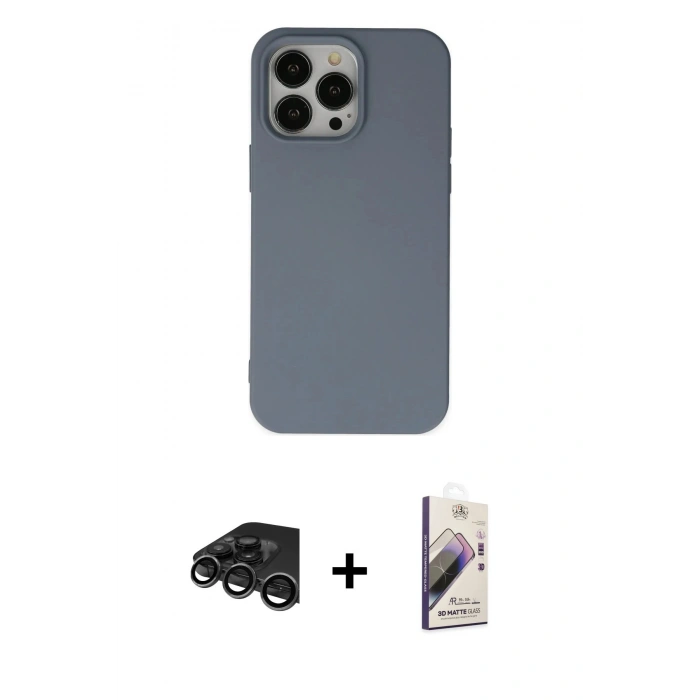 MARSİLYAN™- iPhone 15 Pro Max Kılıf Ahenk Serisi - Siyah Bilvis 3D Mat Cam Ekran Koruyucu + Titanyum Gri Raze Metal Kamera Lens