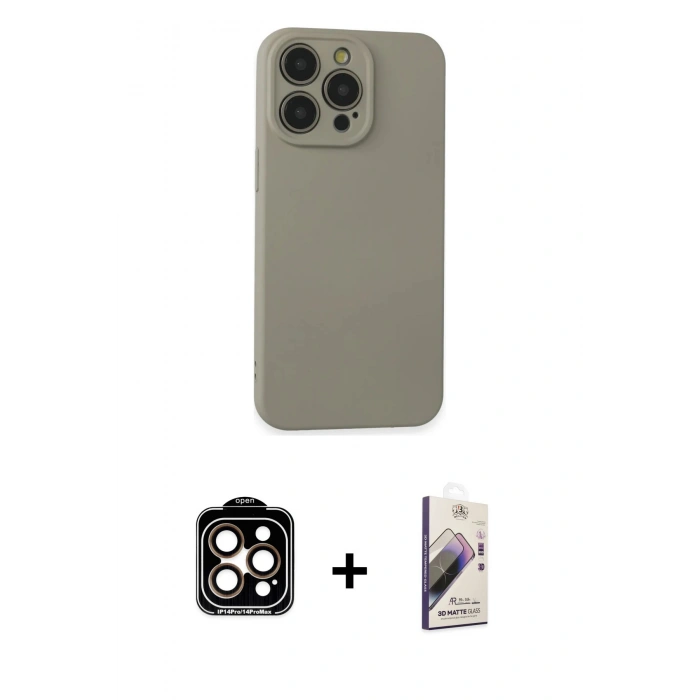 MARSİLYAN™- iPhone 15 Pro Max Kılıf Ahenk Serisi - Siyah Bilvis 3D Mat Cam Ekran Koruyucu + PVD Metal Kamera Lens - TU
