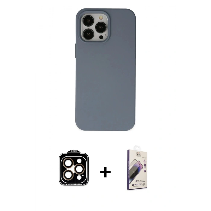 MARSİLYAN™- iPhone 15 Pro Max Kılıf Ahenk Serisi - Siyah Bilvis 3D Mat Cam Ekran Koruyucu + PVD Metal Kamera Lens - TU