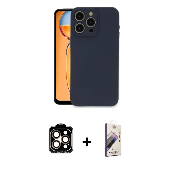 MARSİLYAN™- iPhone 15 Pro Max Kılıf Ahenk Serisi - Siyah Bilvis 3D Mat Cam Ekran Koruyucu + PVD Metal Kamera Lens - TU