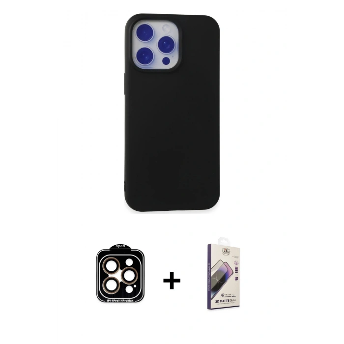 MARSİLYAN™- iPhone 15 Pro Max Kılıf Ahenk Serisi - Siyah Bilvis 3D Mat Cam Ekran Koruyucu + PVD Metal Kamera Lens - TU
