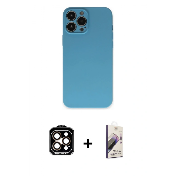 MARSİLYAN™- iPhone 15 Pro Max Kılıf Ahenk Serisi - Siyah Bilvis 3D Mat Cam Ekran Koruyucu + PVD Metal Kamera Lens - TU