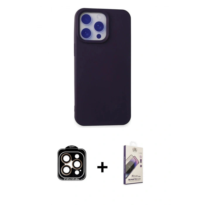 MARSİLYAN™- iPhone 15 Pro Max Kılıf Ahenk Serisi - Siyah Bilvis 3D Mat Cam Ekran Koruyucu + PVD Metal Kamera Lens - TU