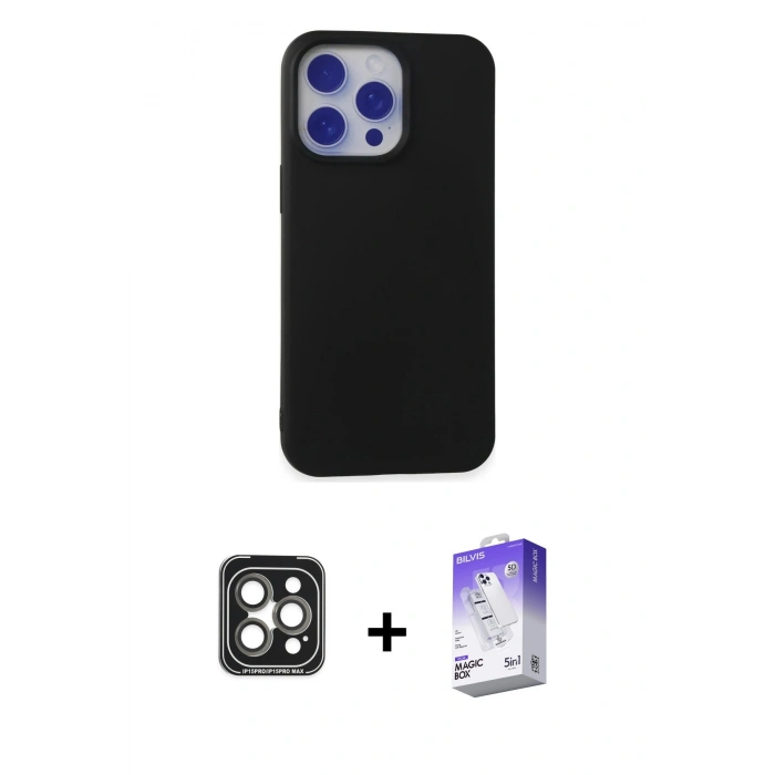 MARSİLYAN™- iPhone 15 Pro Max Kılıf Ahenk Serisi - Siyah Bilvis 5in1 3D Magic Cam Ekran Koruyucu + PVD Metal Kamera Lens - GI