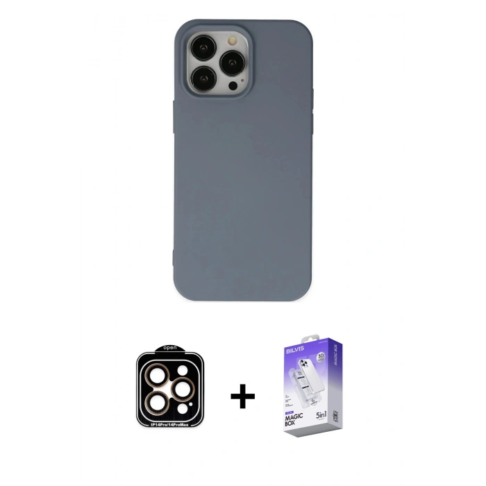 MARSİLYAN™- iPhone 15 Pro Max Kılıf Ahenk Serisi - Siyah Bilvis 5in1 3D Magic Cam Ekran Koruyucu + PVD Metal Kamera Lens - TU