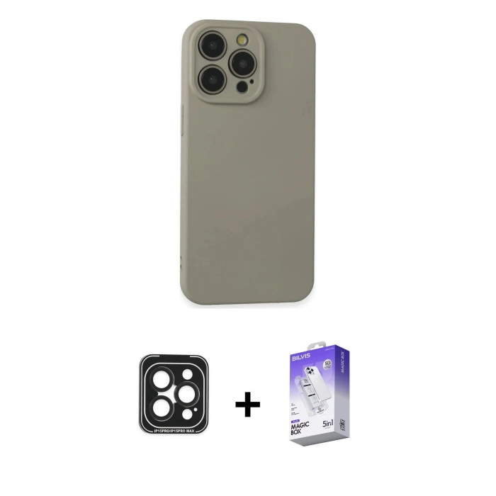 MARSİLYAN™- iPhone 15 Pro Max Kılıf Ahenk Serisi - Siyah Bilvis 5in1 3D Magic Cam Ekran Koruyucu + PVD Metal Kamera Lens - SH