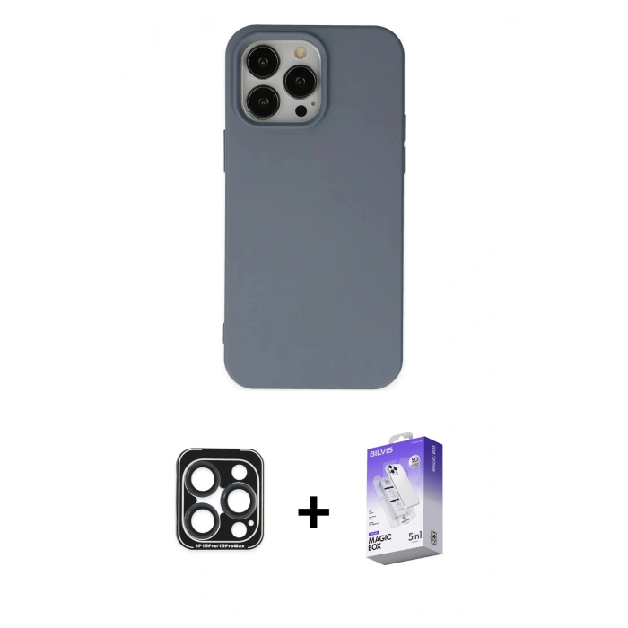 MARSİLYAN™- iPhone 15 Pro Max Kılıf Ahenk Serisi - Siyah Bilvis 5in1 3D Magic Cam Ekran Koruyucu + PVD Metal Kamera Lens - LT