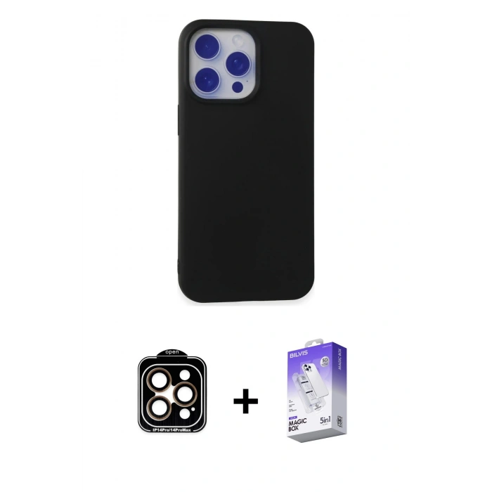 MARSİLYAN™- iPhone 15 Pro Max Kılıf Ahenk Serisi - Siyah Bilvis 5in1 3D Magic Cam Ekran Koruyucu + PVD Metal Kamera Lens - TU