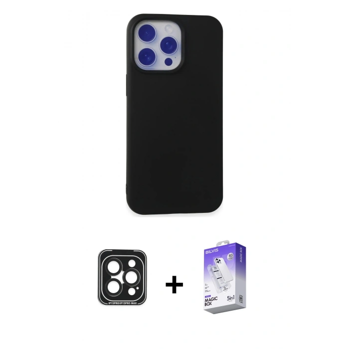MARSİLYAN™- iPhone 15 Pro Max Kılıf Ahenk Serisi - Siyah Bilvis 5in1 3D Magic Cam Ekran Koruyucu + PVD Metal Kamera Lens - SH