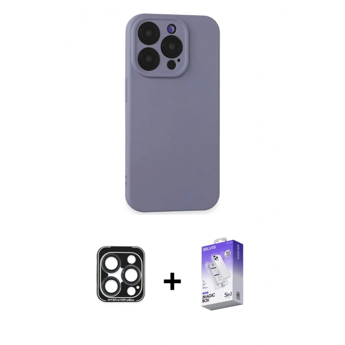 MARSİLYAN™- iPhone 15 Pro Max Kılıf Ahenk Serisi - Siyah Bilvis 5in1 3D Magic Cam Ekran Koruyucu + PVD Metal Kamera Lens - LT