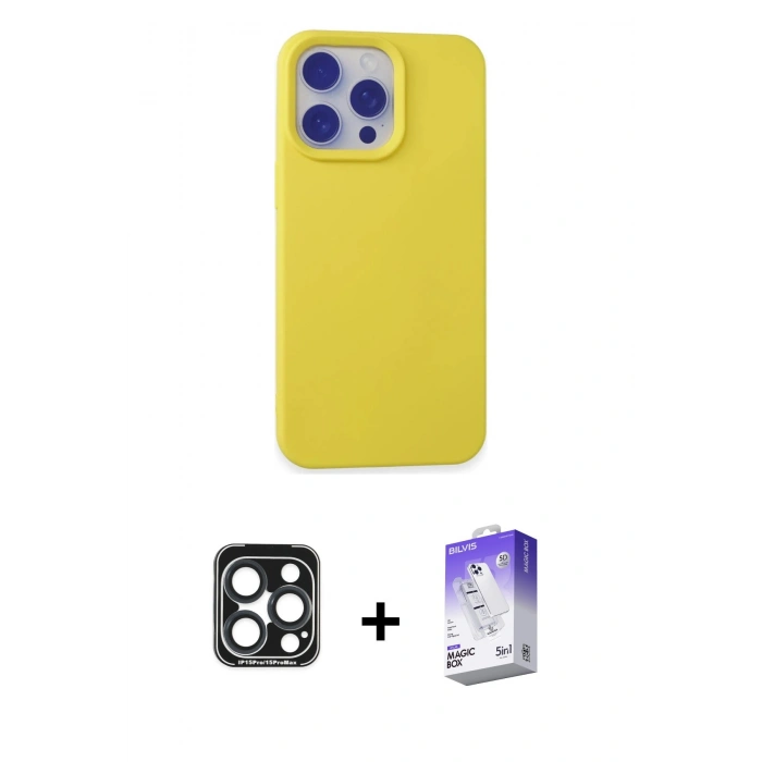 MARSİLYAN™- iPhone 15 Pro Max Kılıf Ahenk Serisi - Siyah Bilvis 5in1 3D Magic Cam Ekran Koruyucu + PVD Metal Kamera Lens - LT