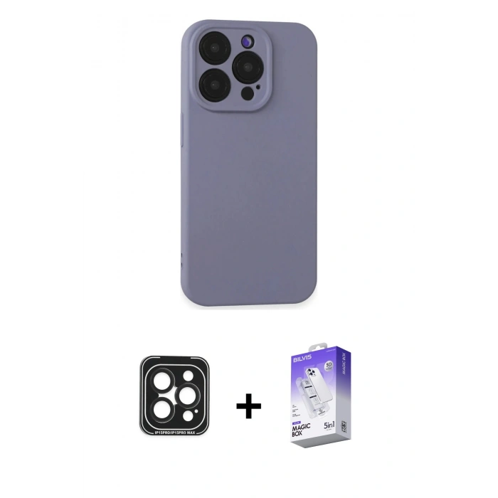 MARSİLYAN™- iPhone 15 Pro Max Kılıf Ahenk Serisi - Siyah Bilvis 5in1 3D Magic Cam Ekran Koruyucu + PVD Metal Kamera Lens - SH