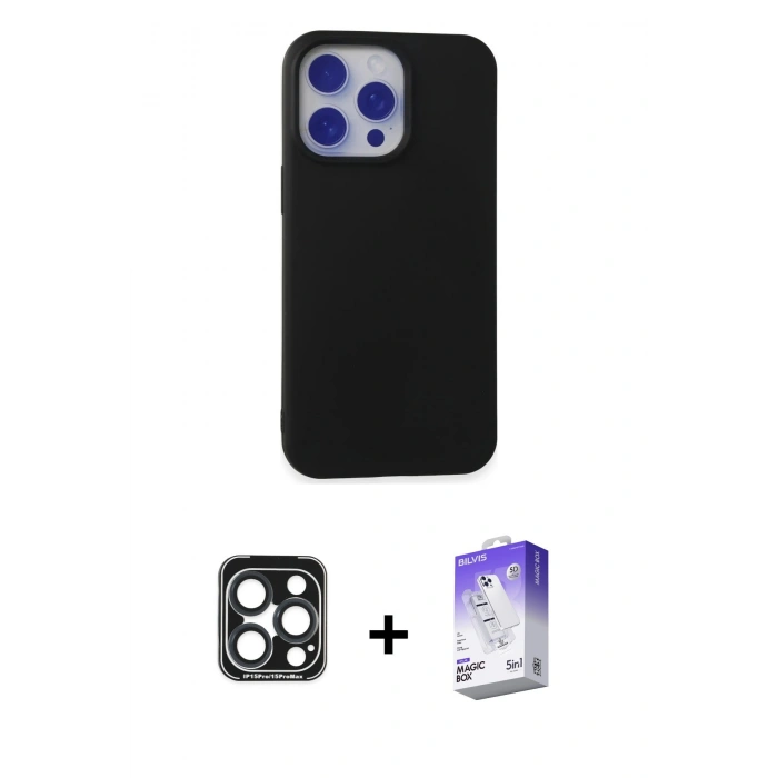 MARSİLYAN™- iPhone 15 Pro Max Kılıf Ahenk Serisi - Siyah Bilvis 5in1 3D Magic Cam Ekran Koruyucu + PVD Metal Kamera Lens - LT
