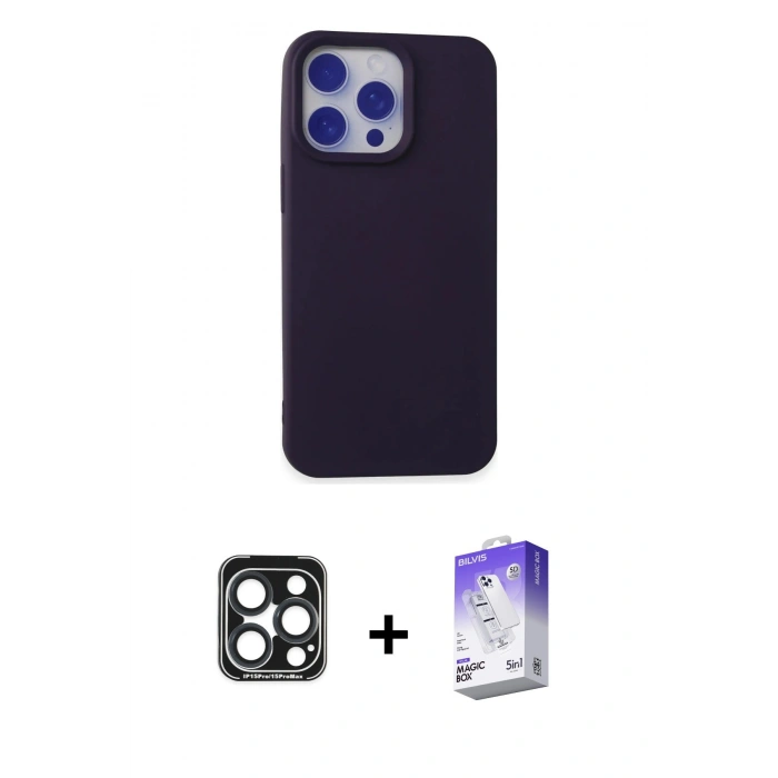 MARSİLYAN™- iPhone 15 Pro Max Kılıf Ahenk Serisi - Siyah Bilvis 5in1 3D Magic Cam Ekran Koruyucu + PVD Metal Kamera Lens - LT