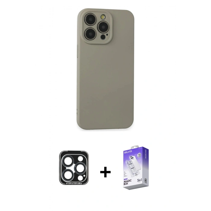 MARSİLYAN™- iPhone 15 Pro Max Kılıf Ahenk Serisi - Siyah Bilvis 5in1 3D Magic Cam Ekran Koruyucu + PVD Metal Kamera Lens - LT
