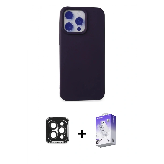 MARSİLYAN™- iPhone 15 Pro Max Kılıf Ahenk Serisi - Siyah Bilvis 5in1 3D Magic Cam Ekran Koruyucu + PVD Metal Kamera Lens - SH