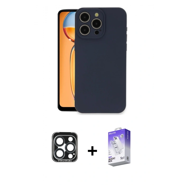 MARSİLYAN™- iPhone 15 Pro Max Kılıf Ahenk Serisi - Siyah Bilvis 5in1 3D Magic Cam Ekran Koruyucu + PVD Metal Kamera Lens - LT