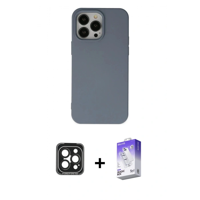 MARSİLYAN™- iPhone 15 Pro Max Kılıf Ahenk Serisi - Siyah Bilvis 5in1 3D Magic Cam Ekran Koruyucu + PVD Metal Kamera Lens - SH