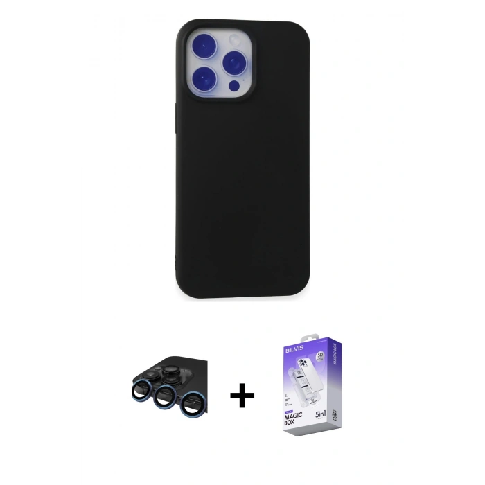 MARSİLYAN™- iPhone 15 Pro Max Kılıf Ahenk Serisi - Siyah Bilvis 5in1 3D Magic Cam Ekran Koruyucu + Raze Metal Kamera Lens - LT